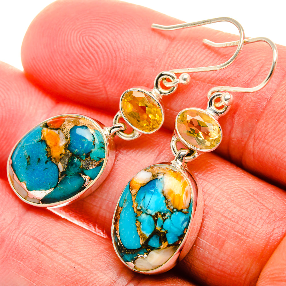 Spiny Oyster Turquoise, Citrine Earrings 1 3/4" (925 Sterling Silver) EARR432024