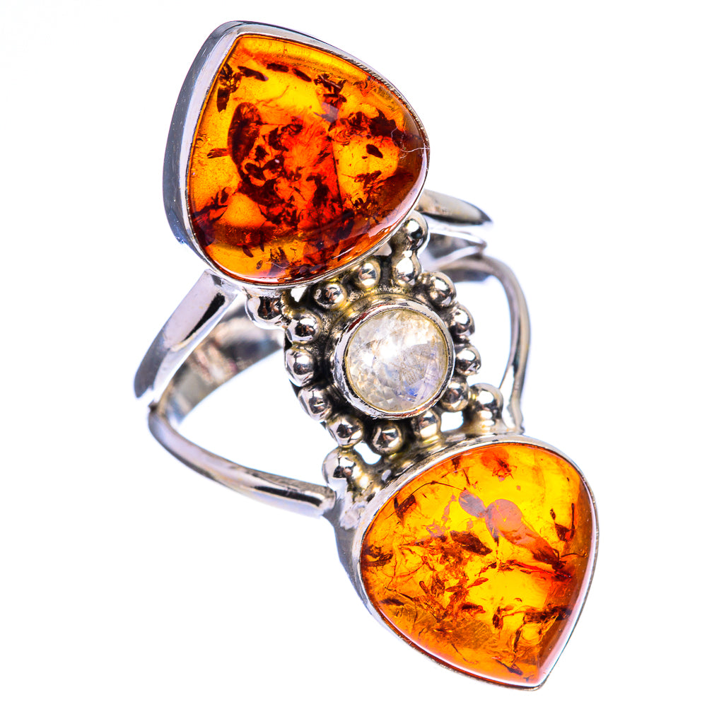 Large Baltic Amber, Rainbow Moonstone Ring Size 7.5 (925 Sterling Silver) R142904