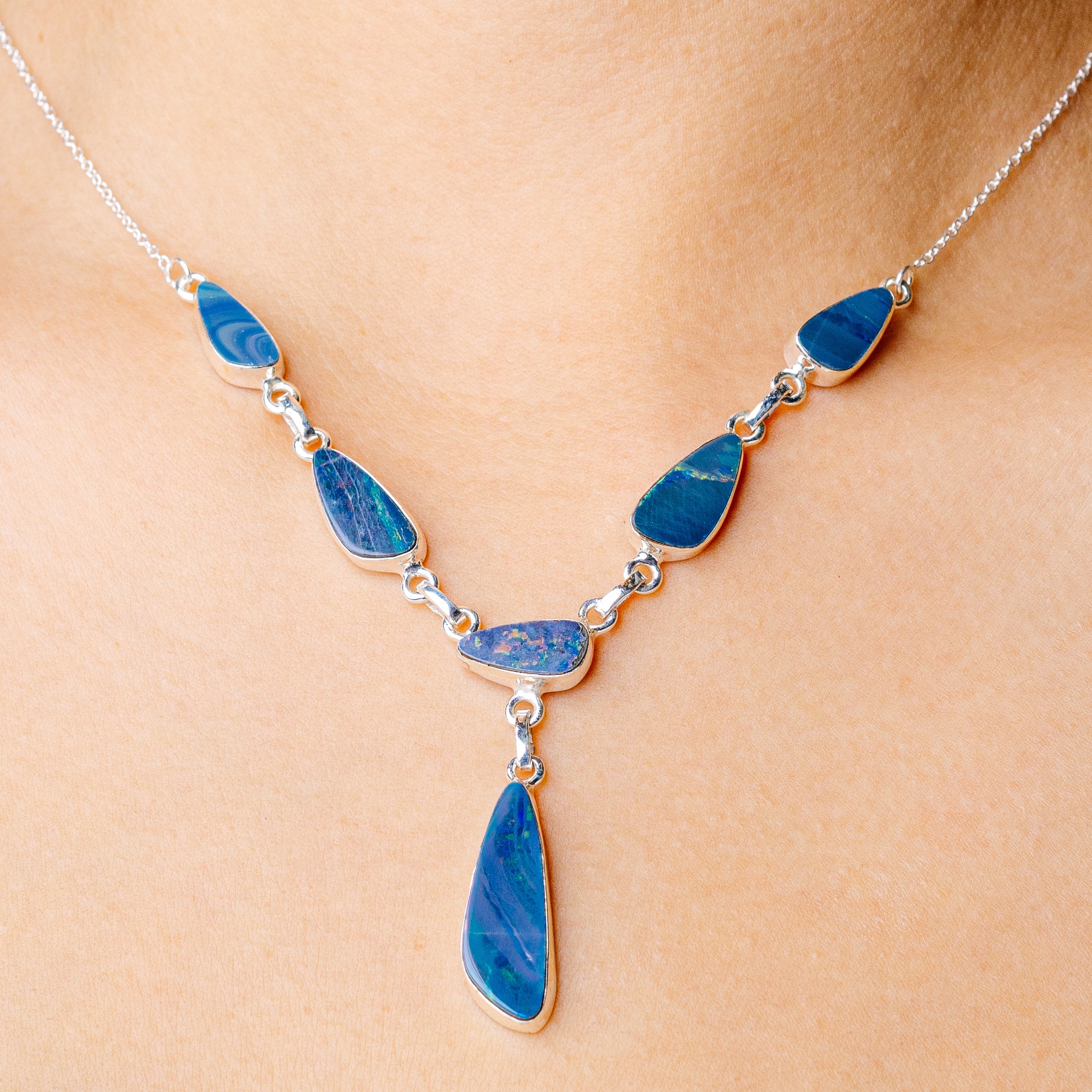 Doublet Opal Necklace 20 1/4 To 22 1/4" (925 Sterling Silver) N90282