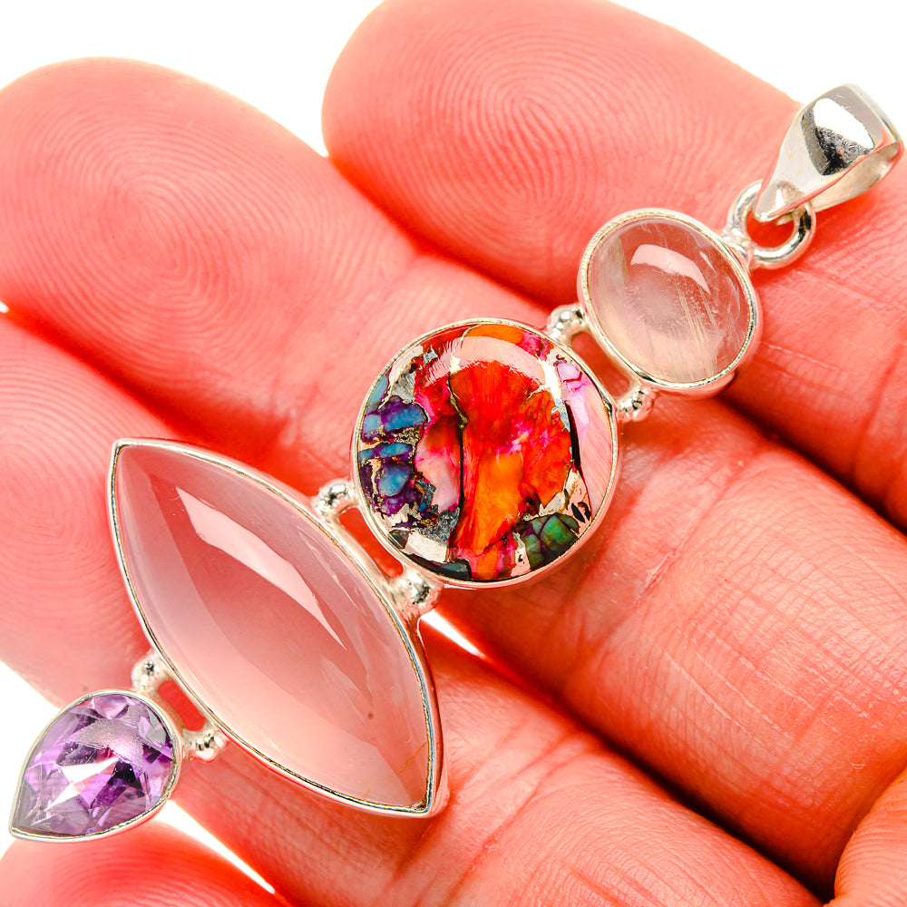 Rose Quartz, Kingman Pink Dahlia Turquoise, Amethyst, Rainbow Moonstone Pendant 2 1/2" (925 Sterling Silver) PD38167
