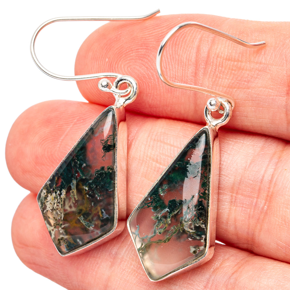 Green Moss Agate Earrings 1 5/8" (.925 Sterling Silver)