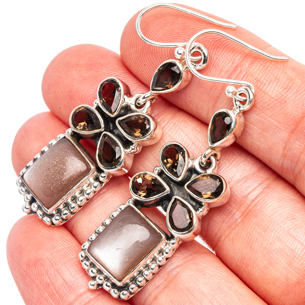 Premium Sunstone, Smoky Quartz Earrings 2 1/8" (925 Sterling Silver) E1766