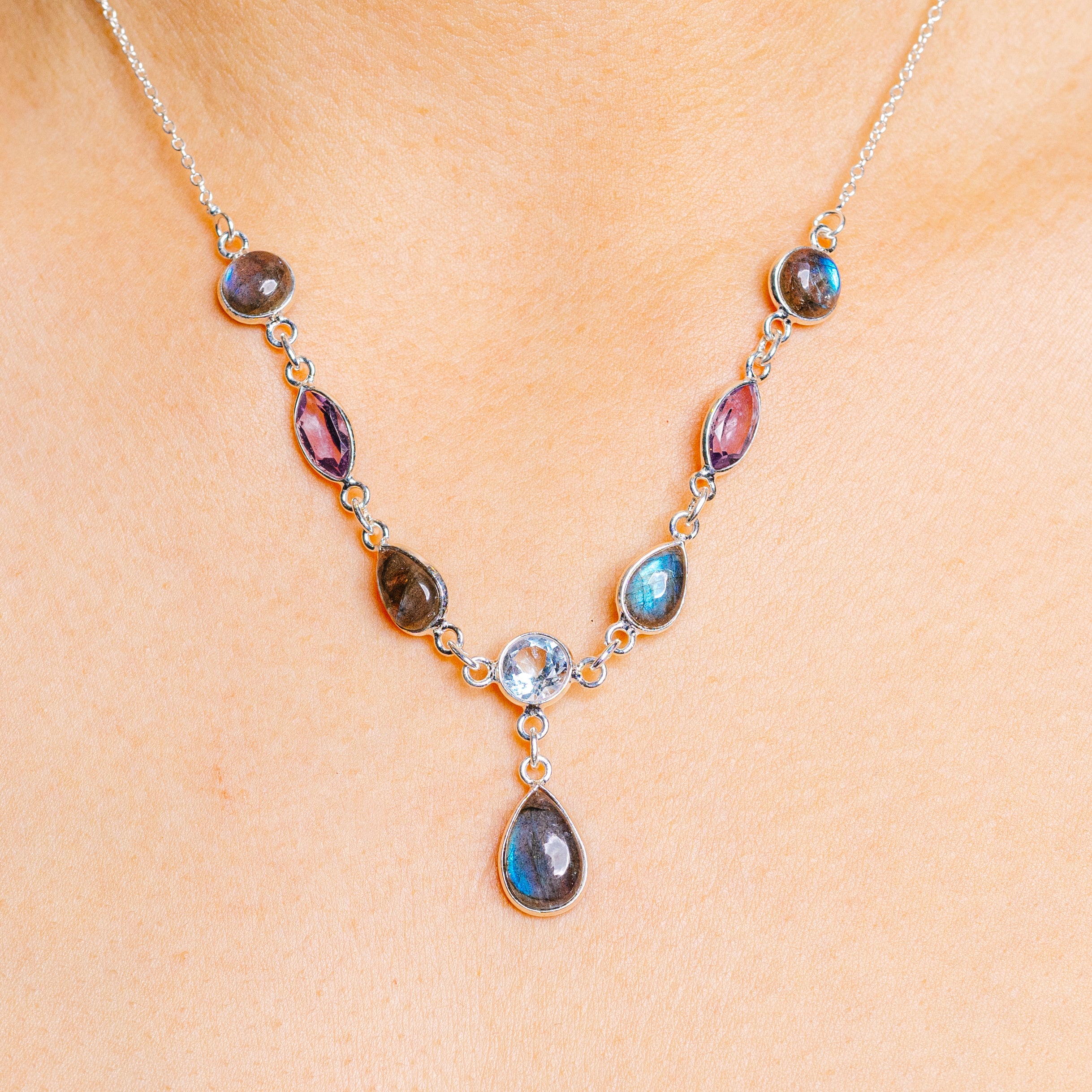 Labradorite, Blue Topaz, Amethyst Necklace 16  to 18" (.925 Sterling Silver)