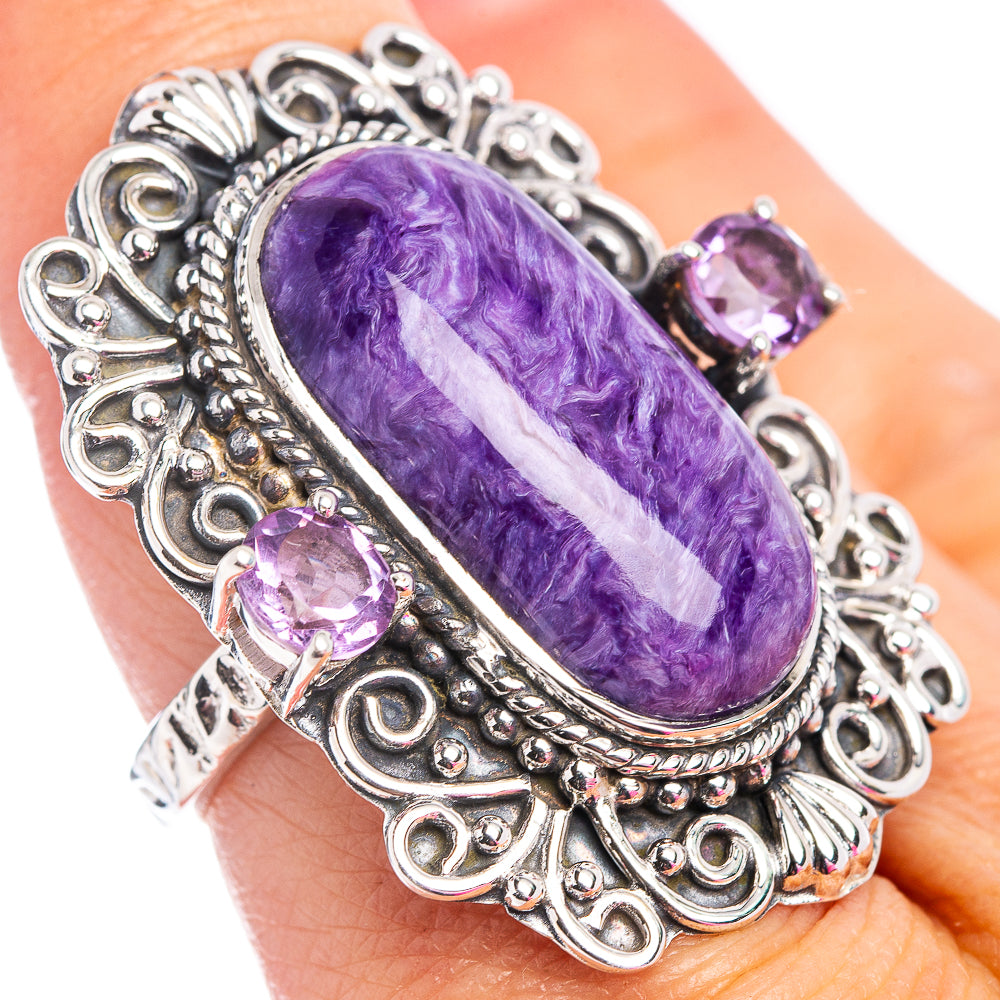Signature Charoite, Amethyst Ring Size 8.5 (.925 Sterling Silver)