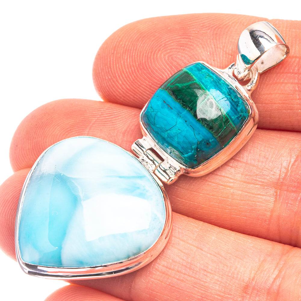 Larimar, Malachite In Chrysocolla Pendant 1 7/8" (925 Sterling Silver) P38831