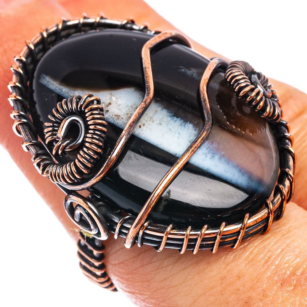 Banded Agate Wire Wrap Ring Size 6.25 (Oxidized Copper)