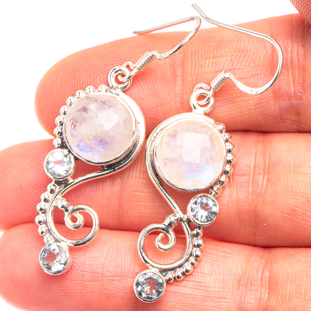 Premium Rainbow Moonstone, Blue Topaz Earrings 1 3/4" (925 Sterling Silver) E432356