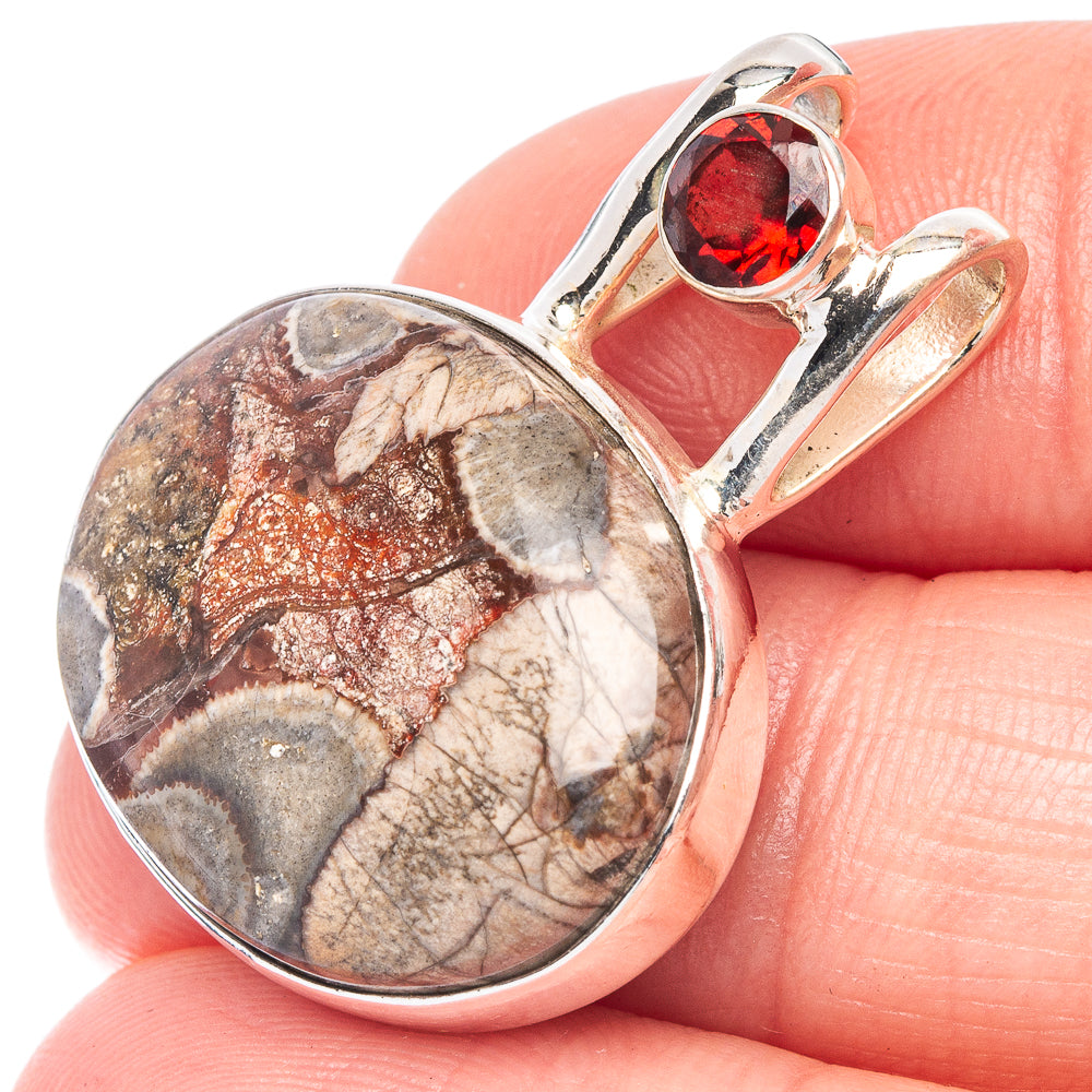 Mushroom Rhyolite, Garnet Pendant 1 1/8" (925 Sterling Silver) P44576