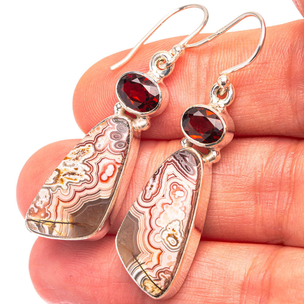 Crazy Lace Agate, Garnet 925 Sterling Silver Earrings 1 3/4" (925 Sterling Silver) EARR432223