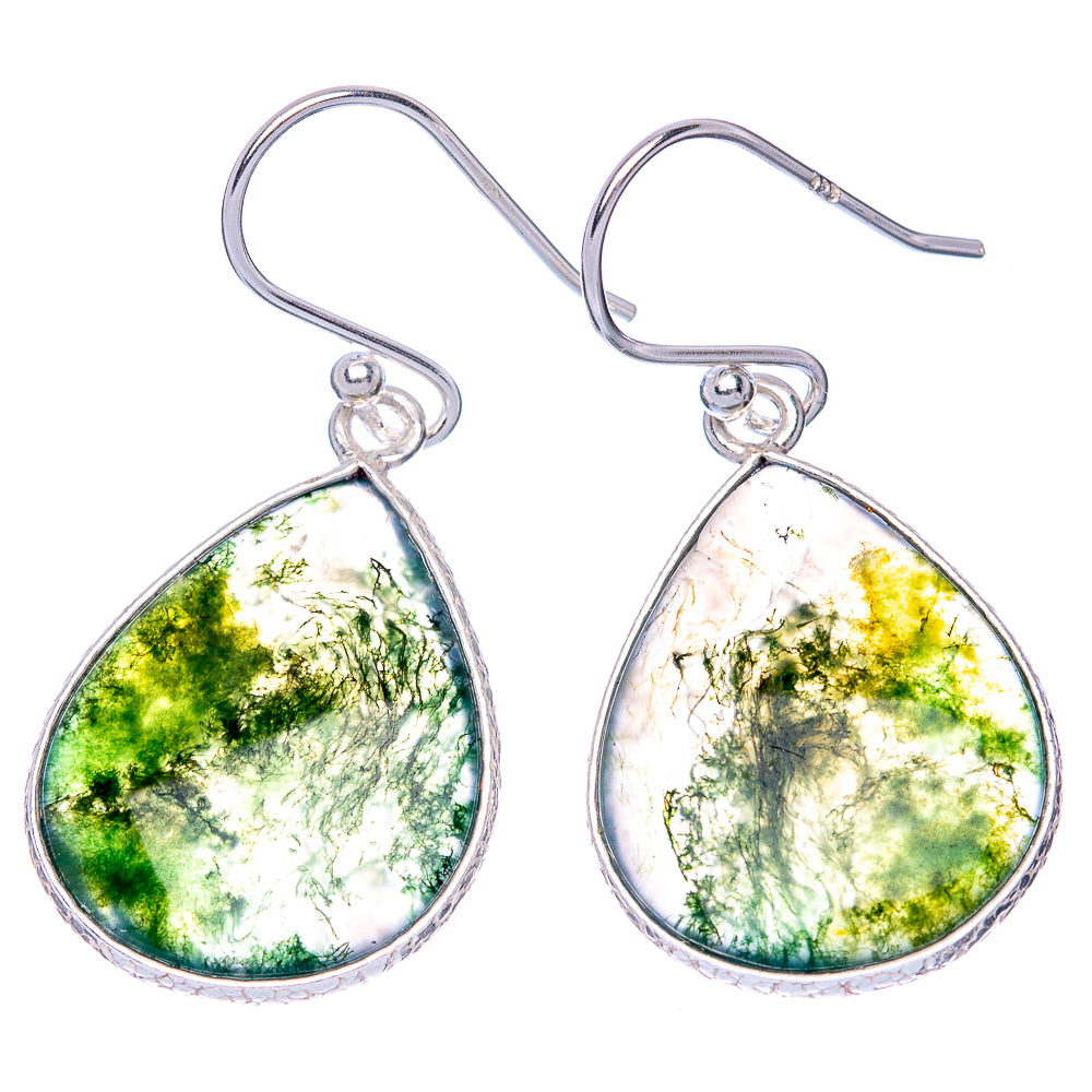 Green Moss Agate Earrings 1 3/8" (925 Sterling Silver) E1270
