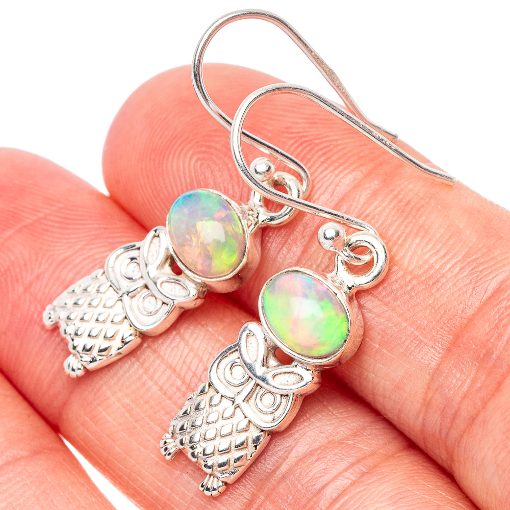 Rare Ethiopian Opal Owl Earrings 1 3/8" (925 Sterling Silver) E1554