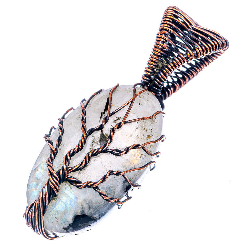 Rainbow Moonstone with Black Tourmaline Tree of Life Pendant 1 7/8" (Oxidized Copper)