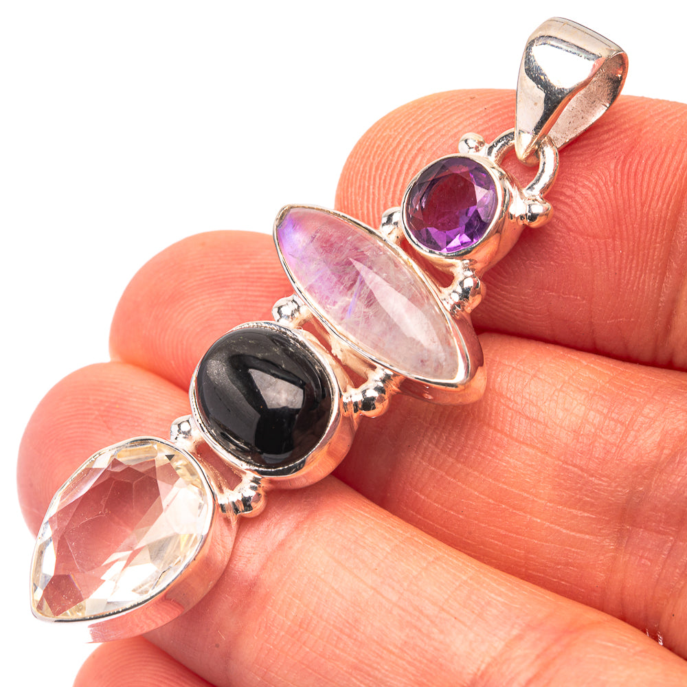 Rainbow Moonstone, Star Diopside, White Quartz, Amethyst 925 Sterling Silver Pendant 1 7/8" (925 Sterling Silver) PD38671