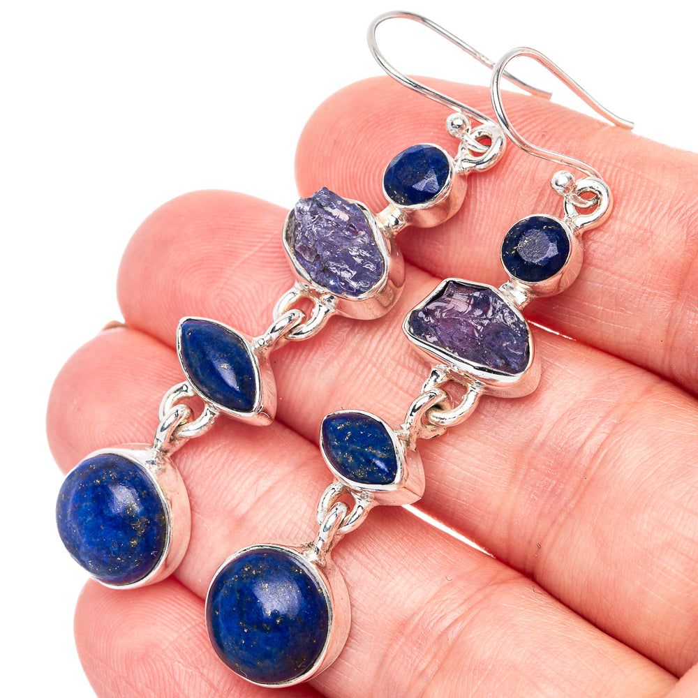 Premium Lapis Lazuli, Tanzanite 925 Sterling Silver Earrings 2 1/4" (925 Sterling Silver) E1209
