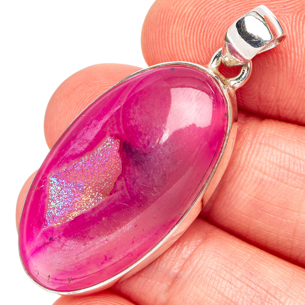 Pink Agate Druzy Pendant 1 5/8" (.925 Sterling Silver)