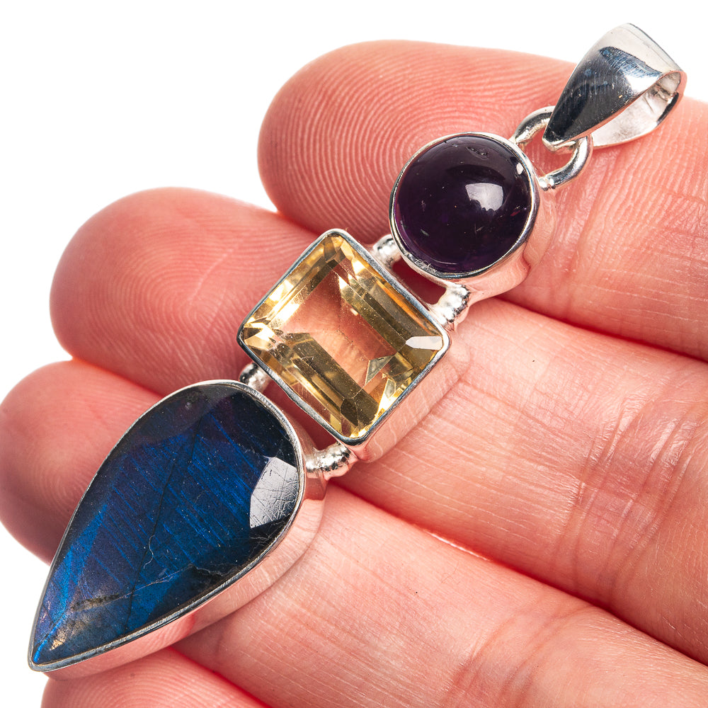 Labradorite, Citrine, Amethyst 925 Sterling Silver Pendant 2 1/8"