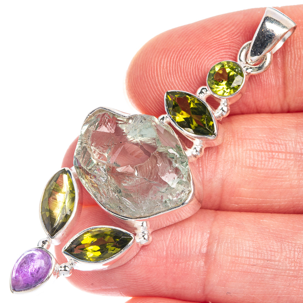 Raw Aquamarine, Peridot, Amethyst Pendant 2 1/4" (925 Sterling Silver) P39793