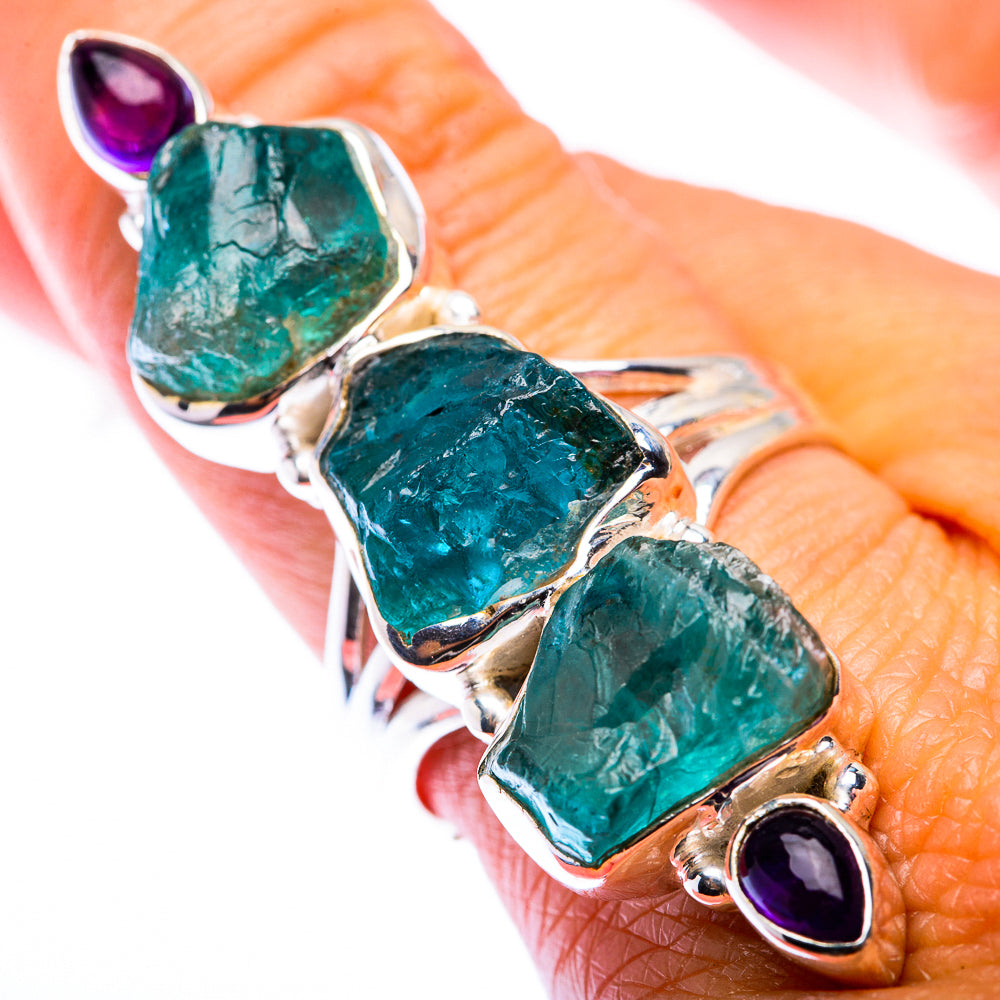 Large Raw Blue Fluorite, Amethyst Ring Size 9 (925 Sterling Silver) RING140246