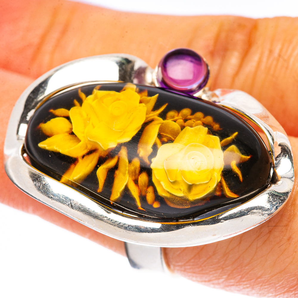 Amber Intaglio Rose Ring Size 6 Adjustable (925 Sterling Silver) R3817