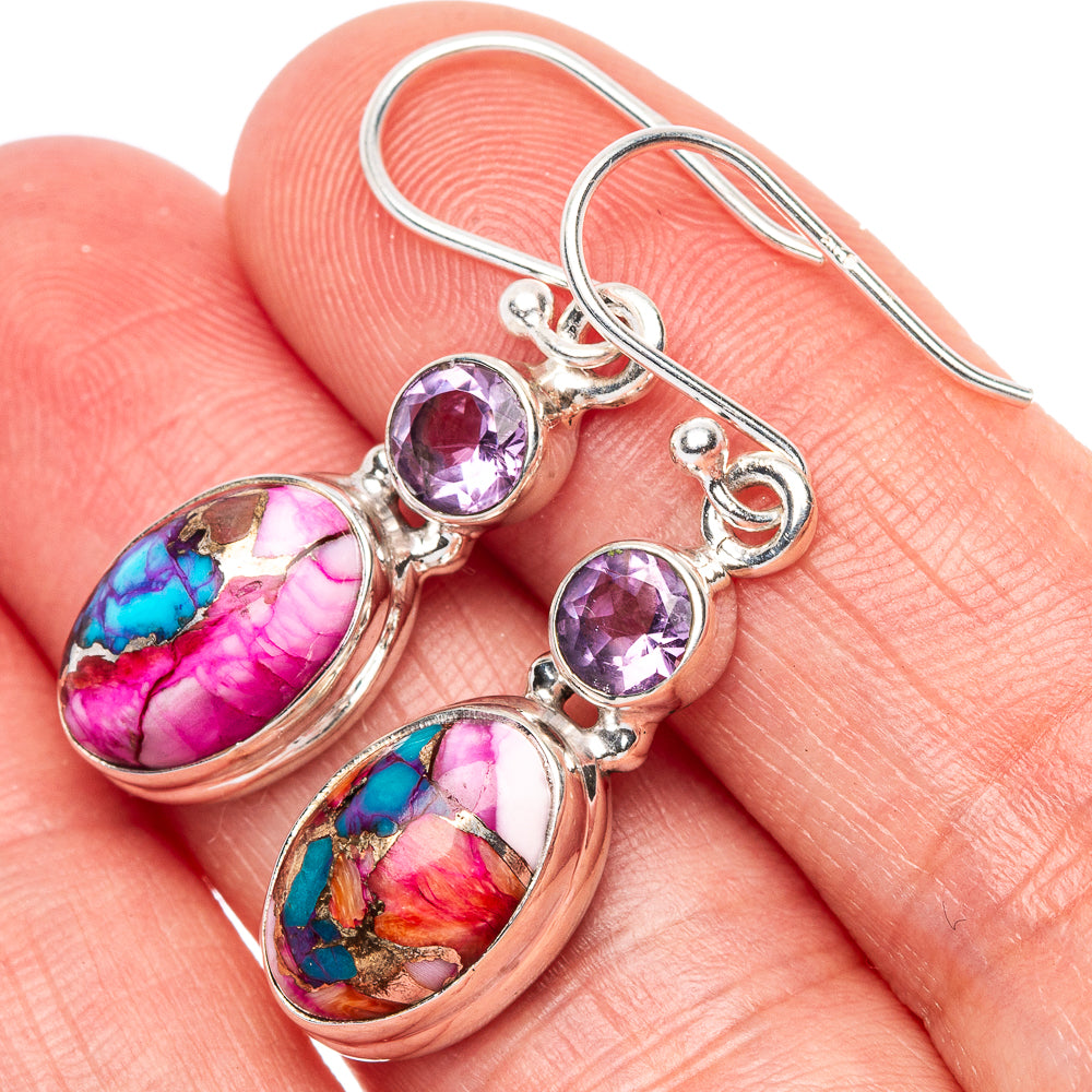 Kingman Pink Dahlia Turquoise, Amethyst Earrings 1 3/8" (925 Sterling Silver) E1650