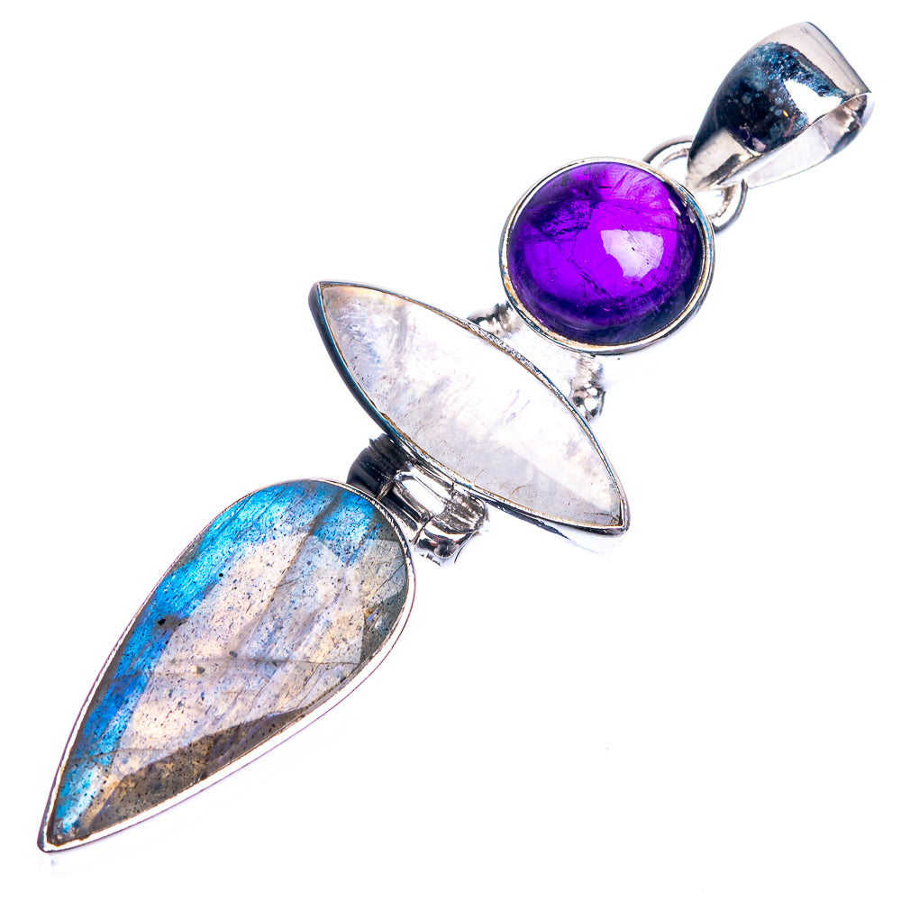 Labradorite, Rainbow Moonstone, Amethyst 925 Sterling Silver Pendant 2 1/8"