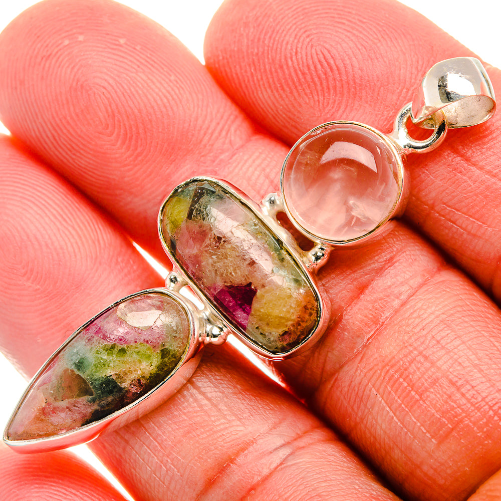 Natural Tourmaline, Rose Quartz Pendant 2 1/4" (925 Sterling Silver) PD37922