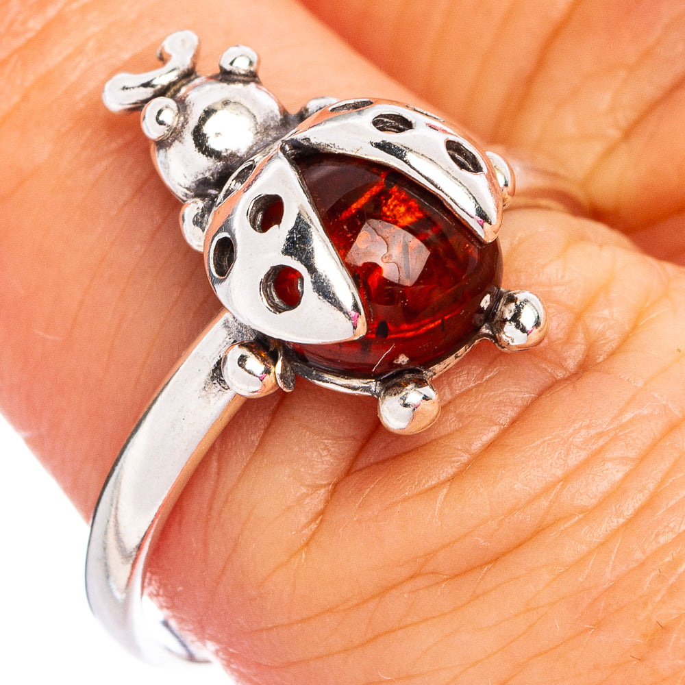 Baltic Amber Ladybug Ring Size 8 (.925 Sterling Silver)