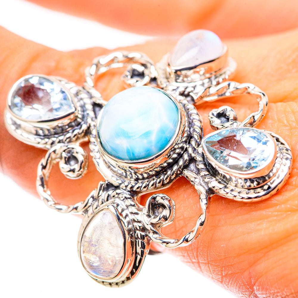 Signature Huge Larimar, Blue Topaz, Rainbow Moonstone Ring Size 8.5 (925 Sterling Silver) RING138179