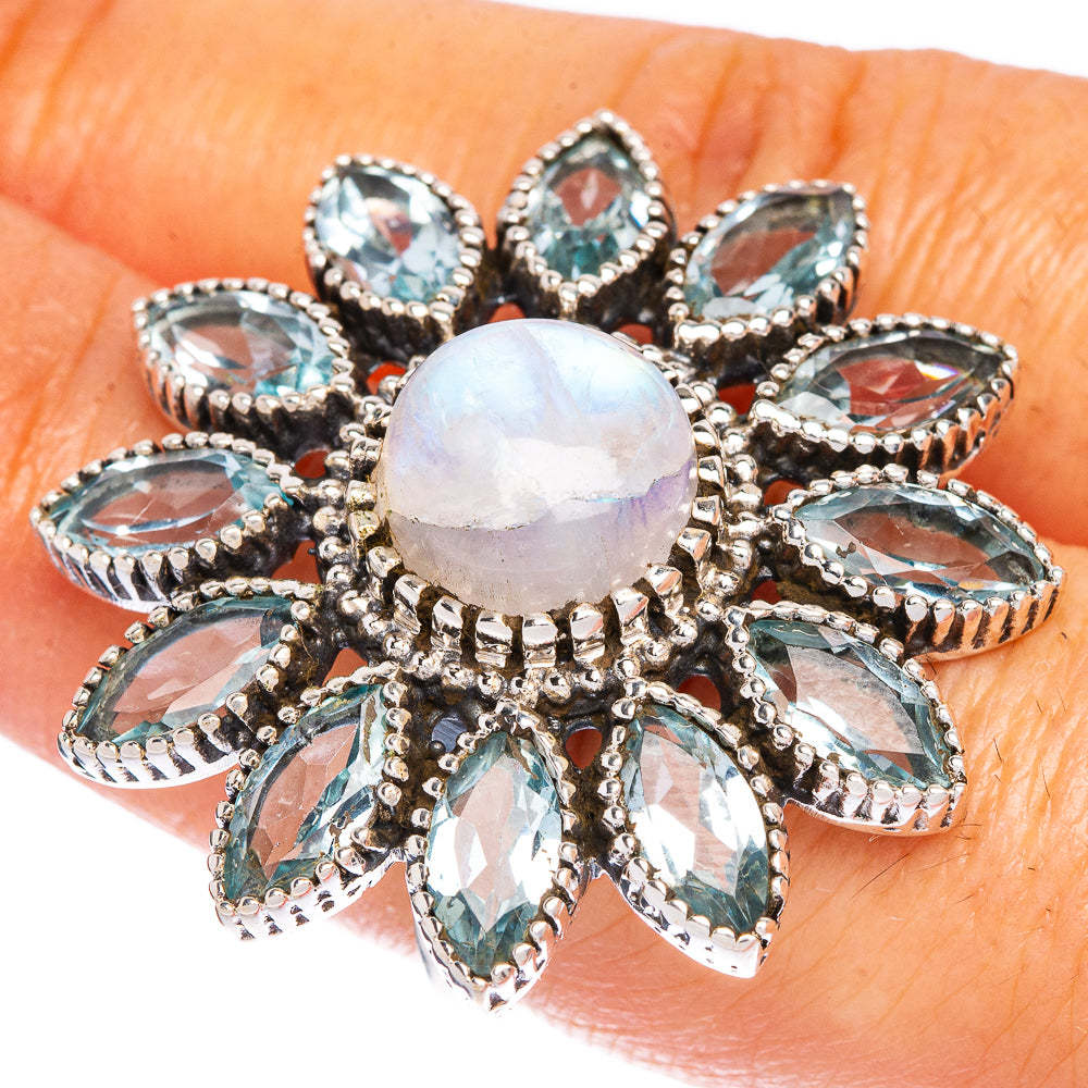 Huge Rainbow Moonstone, Blue Topaz Flower Ring Size 7 (925 Sterling Silver) R147174