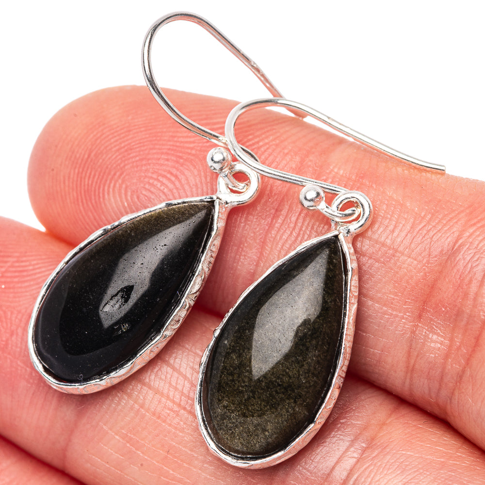 Gold Sheen Obsidian 925 Sterling Silver Earrings 1 3/8" (925 Sterling Silver) E1432