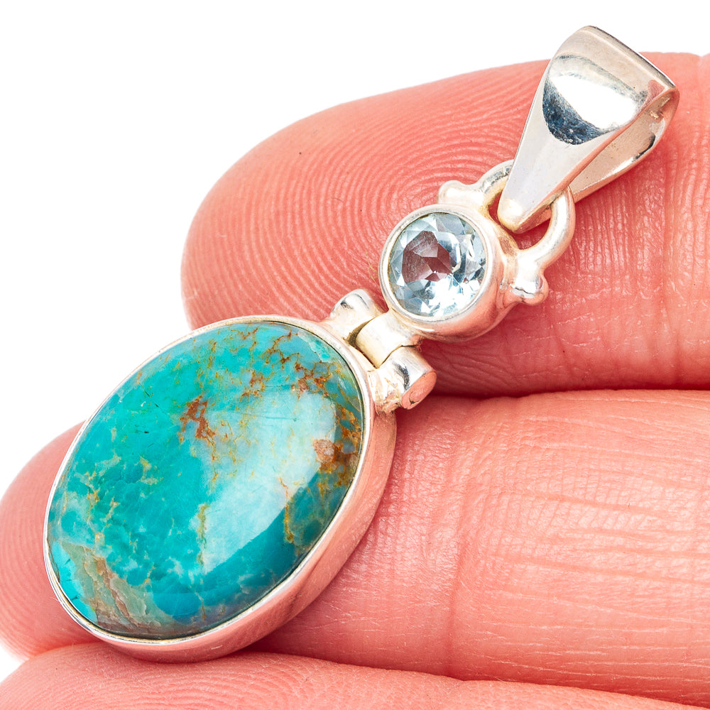 Rare Kingman Turquoise, Blue Topaz Pendant 1 3/8" (925 Sterling Silver) P41017