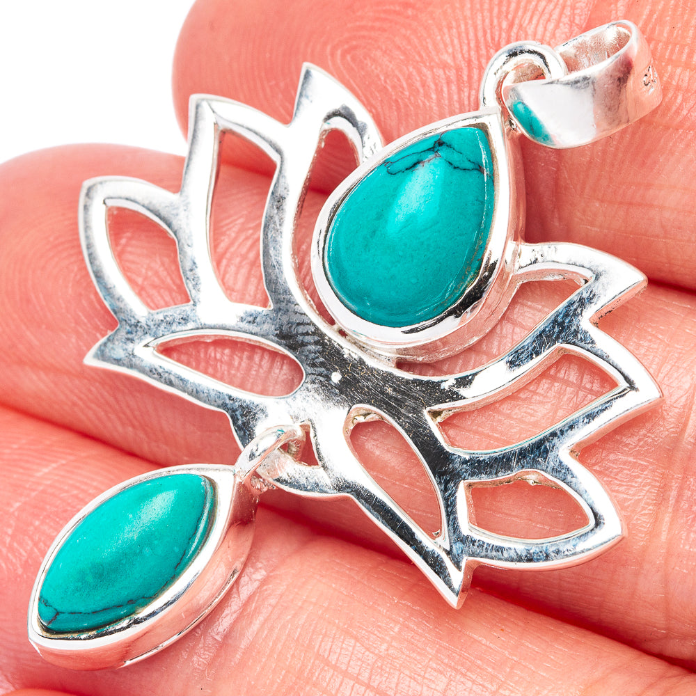 Tibetan Turquoise Lotus Dainty Pendant 1 5/8" (925 Sterling Silver) P43567