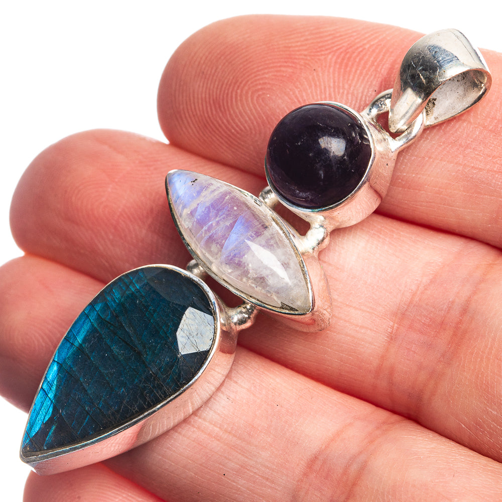 Labradorite, Rainbow Moonstone, Amethyst 925 Sterling Silver Pendant 2"