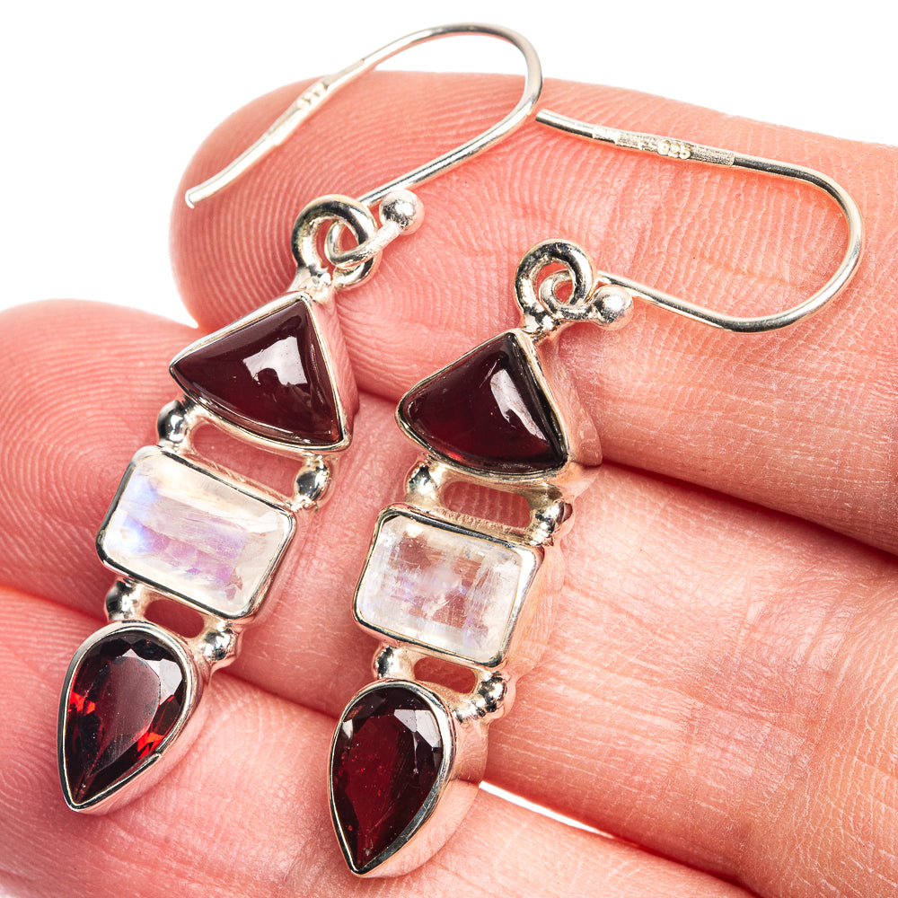 Rainbow Moonstone, Garnet Earrings 1 5/8" (925 Sterling Silver) E432672