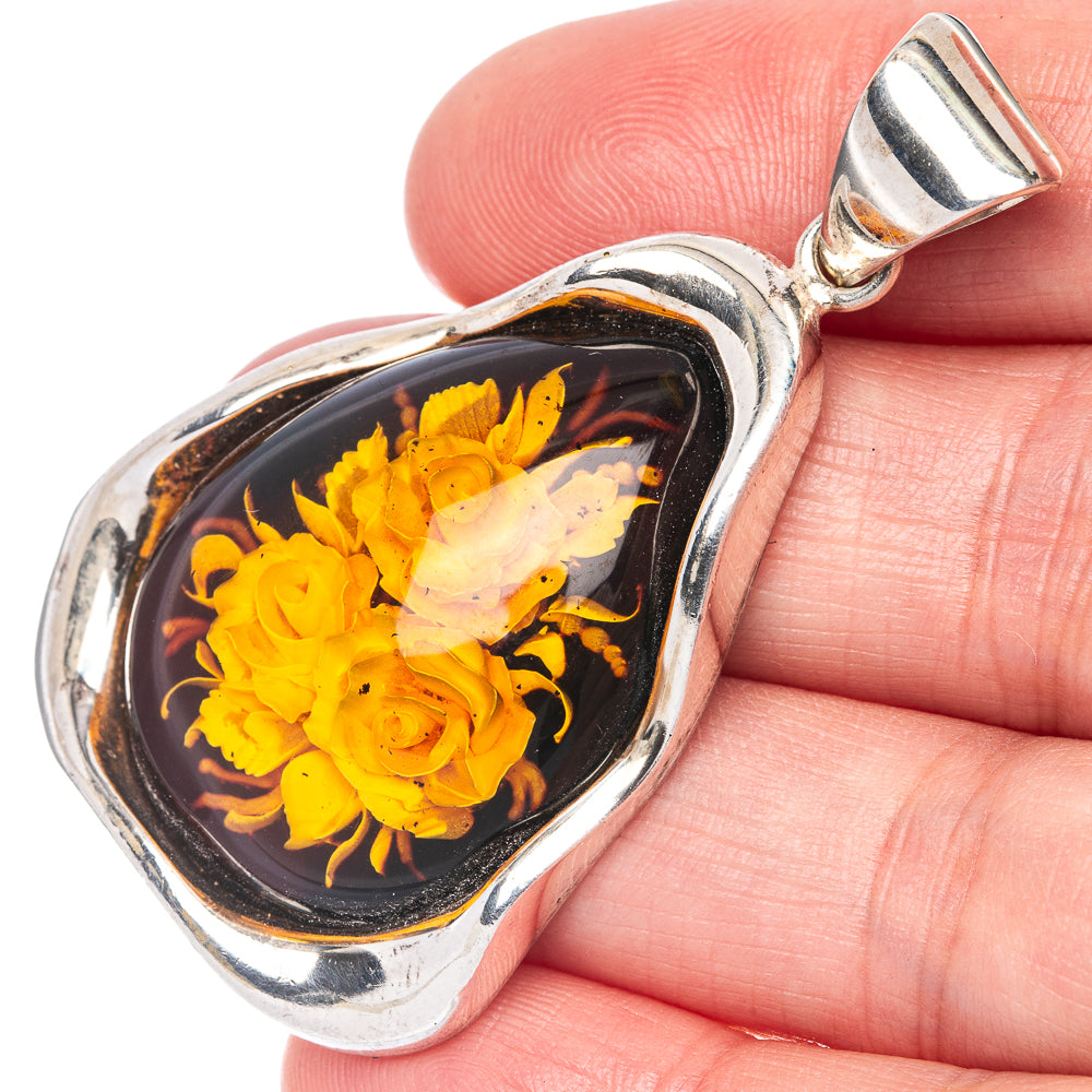 Anasilvercos Baltic Amber Cameo Pendant 2 1/8" (925 Sterlnig Silver)