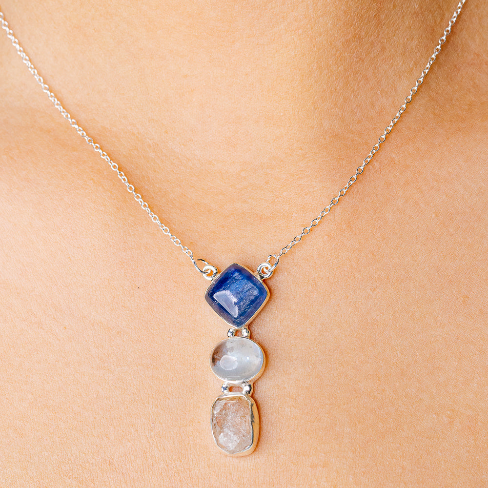 Kyanite, Rainbow Aquamarine, Herkimer Diamond Necklace 16.375" (925 Sterling Silver) N90262