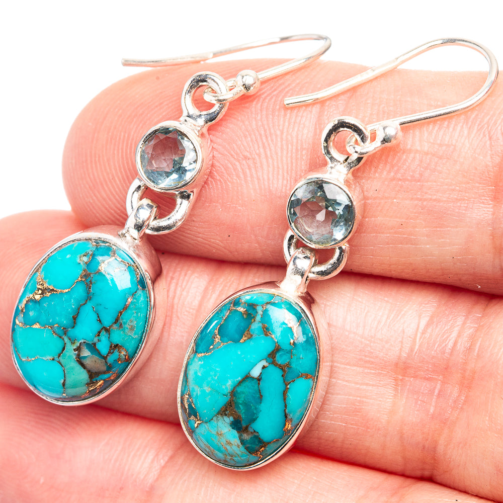 Blue Copper Composite Turquoise, Blue Topaz Earrings 1 5/8" (925 Sterling Silver) E432567