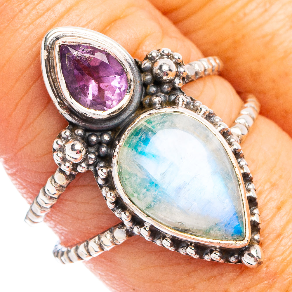 Green Moonstone, Amethyst Ring Size 9 (.925 Sterling Silver)