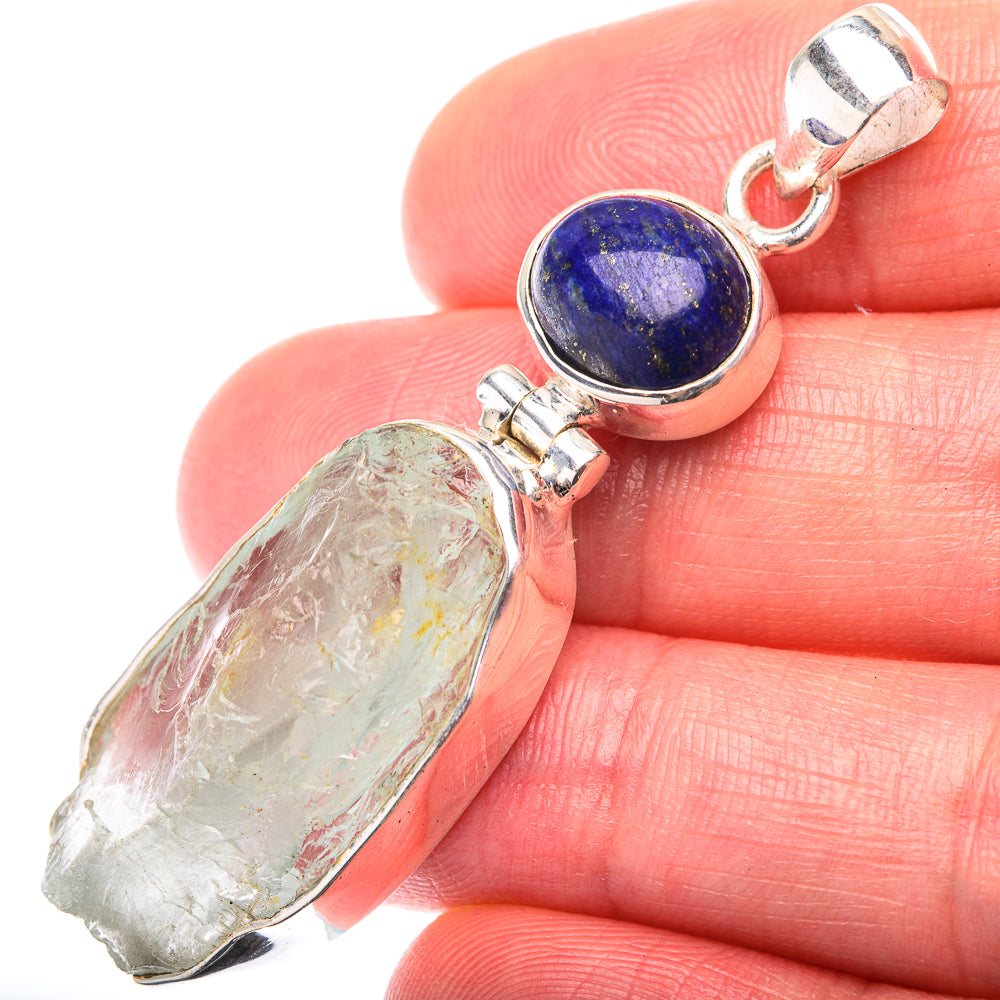 Raw Aquamarine, Lapis Lazuli Pendant 2 1/8" (925 Sterling Silver) PD38556