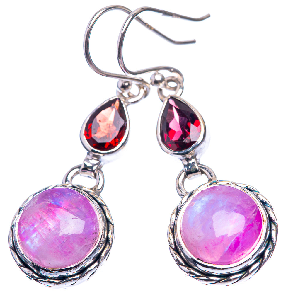 Pink Moonstone, Garnet Earrings 1 5/8" (925 Sterling Silver) E432405