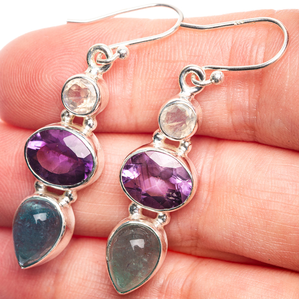 Aquamarine, Amethyst, Rainbow Moonstone Earrings 1 3/4" (925 Sterling Silver) E432529