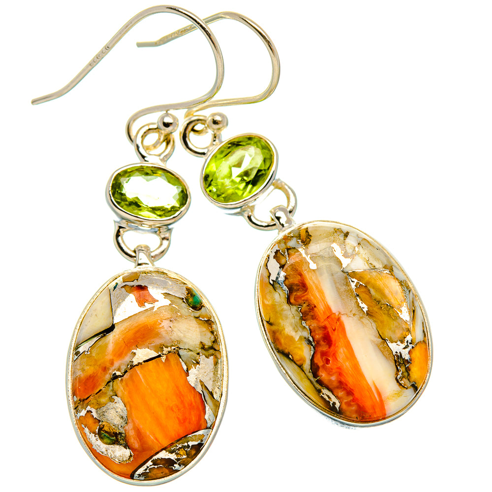 Orange Copper Composite Turquoise, Peridot Earrings 1 3/4" (925 Sterling Silver) EARR431990