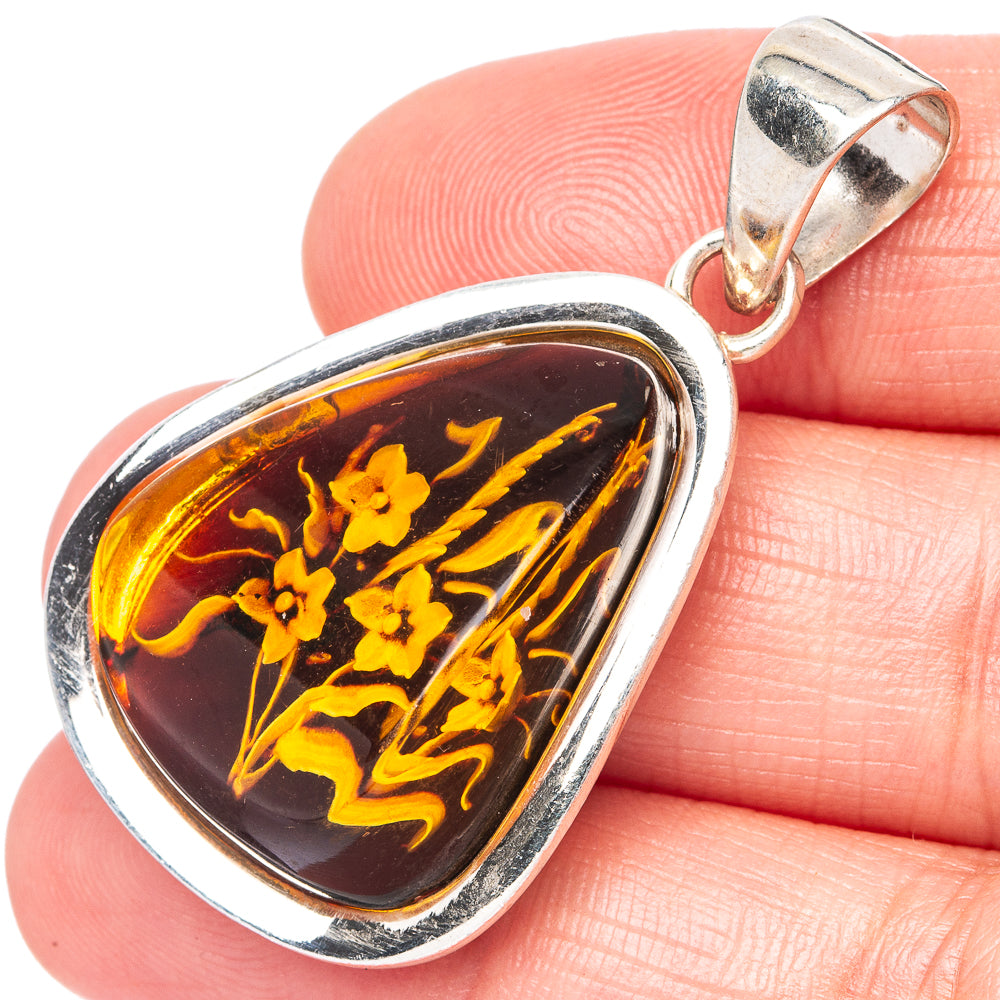 Amber Intaglio Flower Pendant 1 5/8" (925 Sterling Silver) P42574