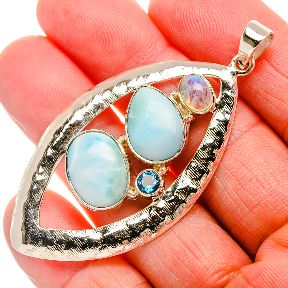 Signature Larimar, Rainbow Moonstone, Blue Topaz 925 Sterling Silver Pendant 2 3/8" (925 Sterling Silver) PD37790