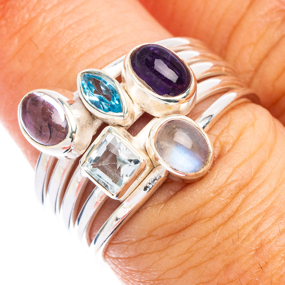 Rainbow Moonstone, Tanzanite, Amethyst, Blue Topaz, White Quartz Ring Size 6.5 (925 Sterling Silver) R7445