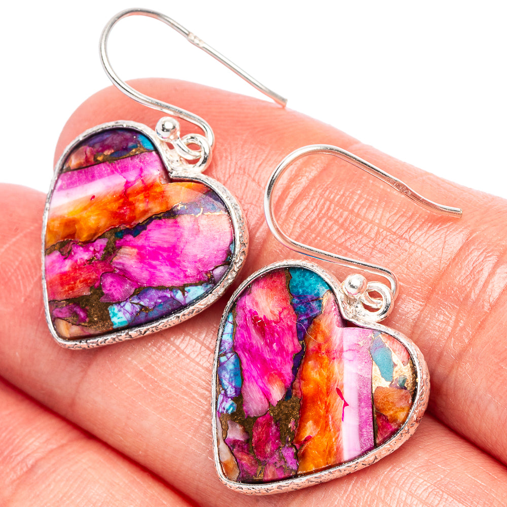 Kingman Pink Dahlia Turquoise Heart Earrings 1 3/8" (925 Sterling Silver) E2343