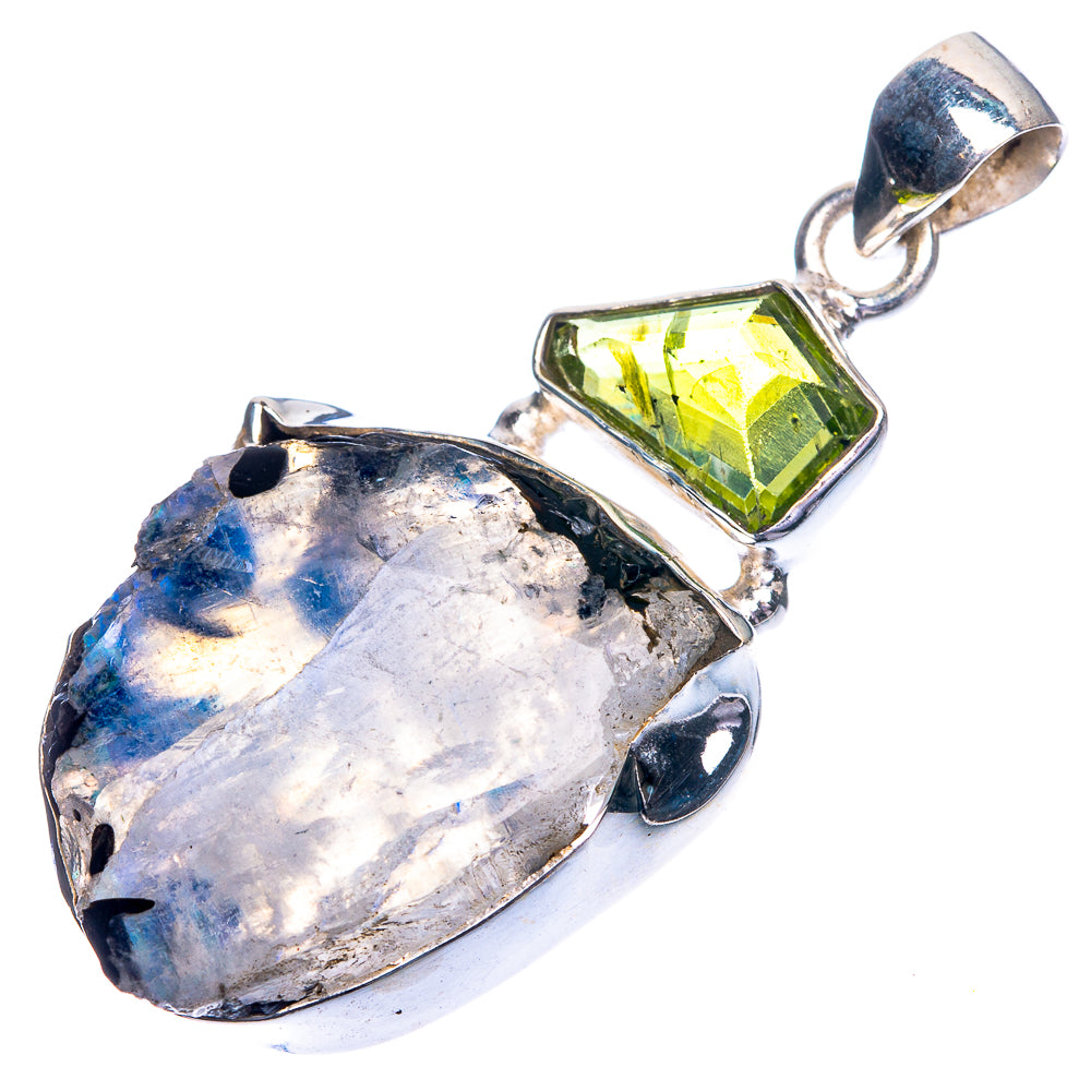 Raw Rainbow Moonstone, Peridot Pendant 1 3/4" (925 Sterling Silver) P39208