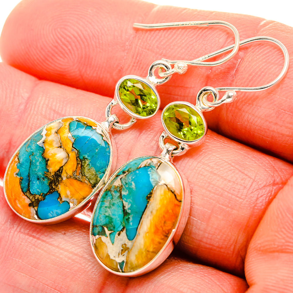 Spiny Oyster Turquoise, Peridot Earrings 1 3/4" (925 Sterling Silver) EARR432064