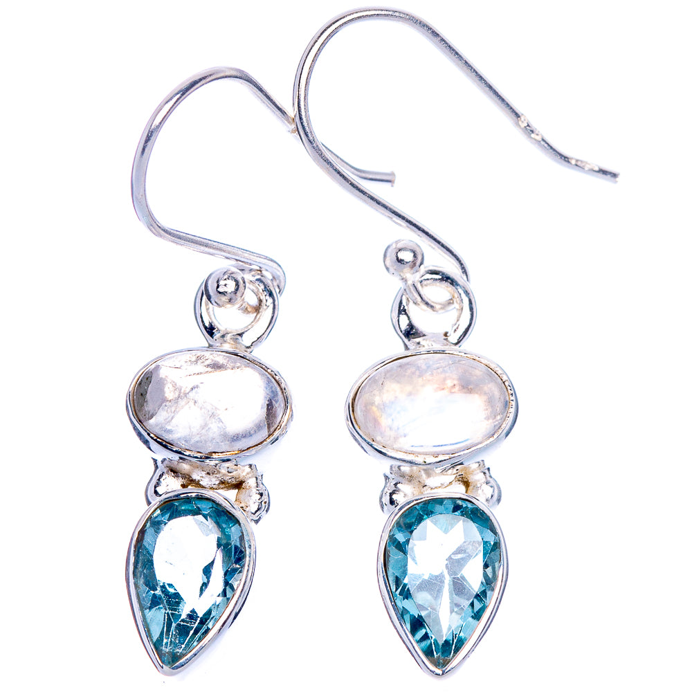 Rainbow Moonstone, Blue Topaz Earrings 1 3/8" (925 Sterling Silver) E1020