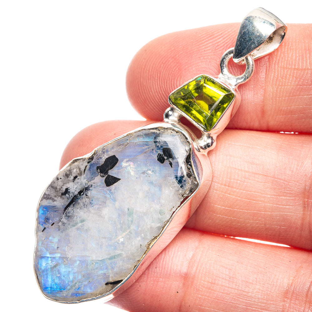 Raw Rainbow Moonstone, Peridot Pendant 2 1/8" (925 Sterling Silver) P39206